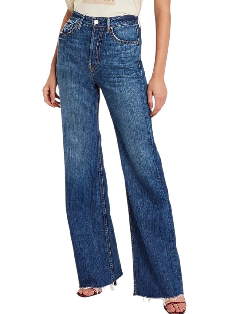 GRLFRND Carla 28x29.5 High Rise Wide Leg Cropped Raw Hem Jeans Med Wash Luxury